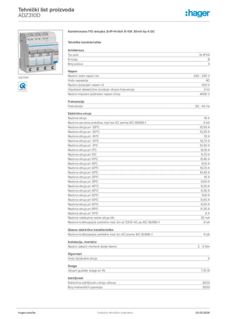 Slika Hager Tehnički list proizvoda ADZ310D  | Hager
