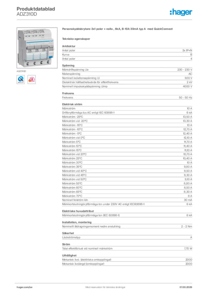 Bild Hager Produktdatablad ADZ310D | Hager Sverige