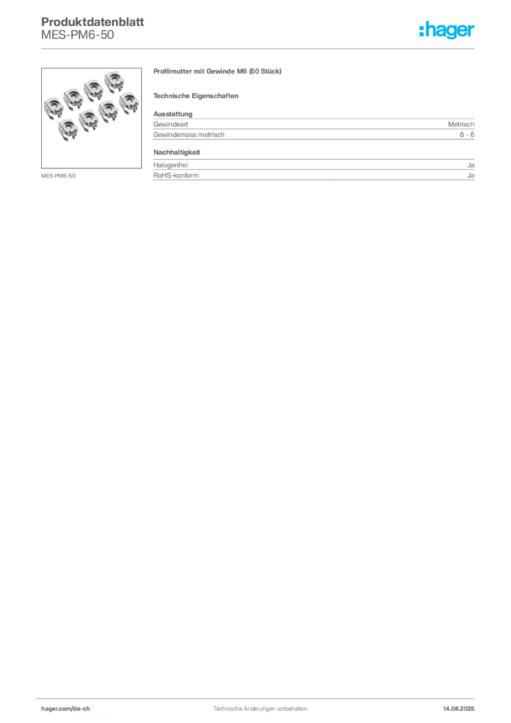 Bild Hager Produktdatenblatt MES-PM6-50 | Hager Schweiz