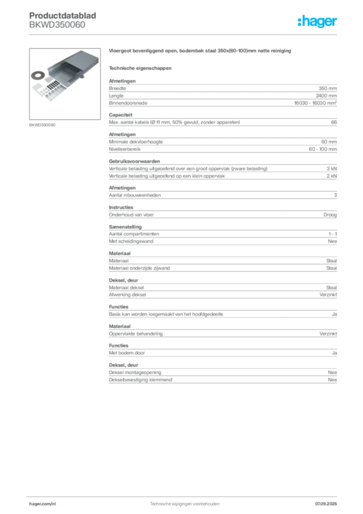 Afbeelding Hager Productdatablad BKWD350060 | Hager Nederland