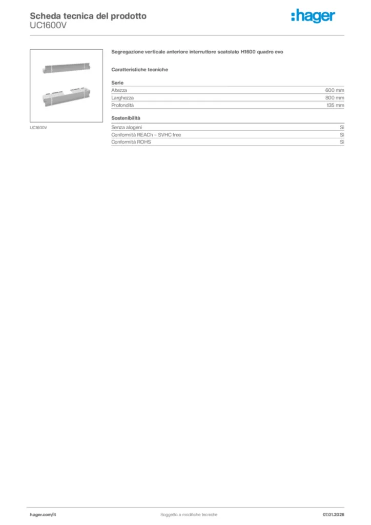 Immagine Hager Scheda tecnica del prodotto UC1600V | Hager Italia