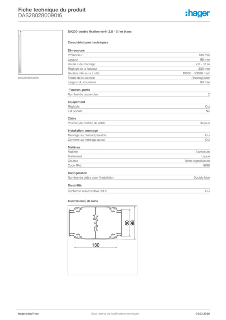 Image Hager Fiche technique du produit DAS28028009016 | Hager Belgique