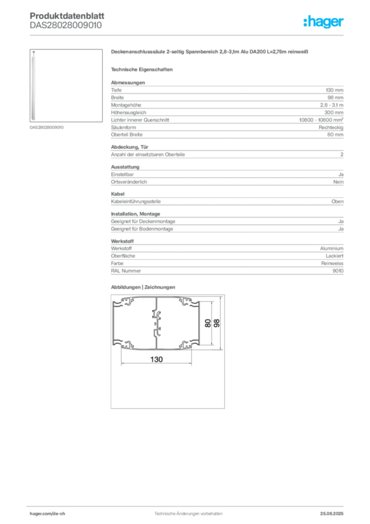 Bild Hager Produktdatenblatt DAS28028009010 | Hager Schweiz