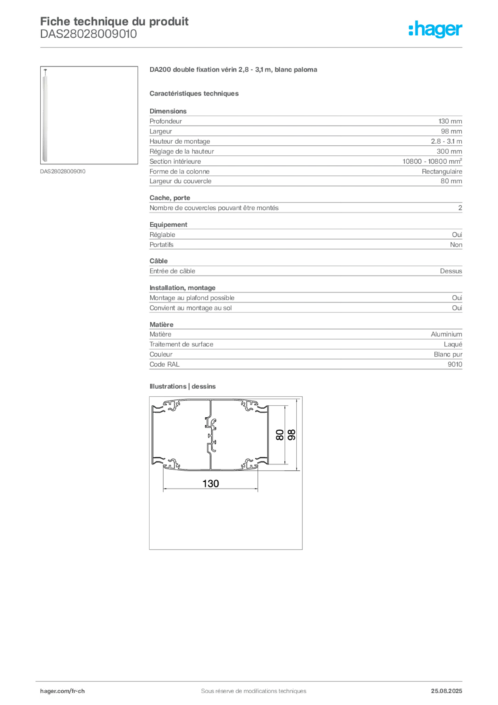 Image Hager Fiche technique du produit DAS28028009010 | Hager Suisse