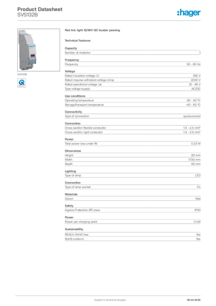 Image Hager Product data sheet SVS132B  | Hager Africa