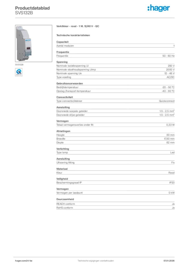 Afbeelding Hager Productdatablad SVS132B | Hager Belgium