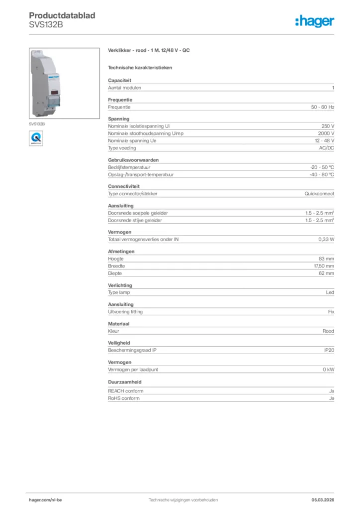 Afbeelding Hager Productdatablad SVS132B | Hager Belgium