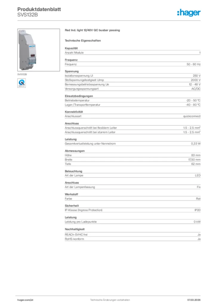 Bild Hager Produktdatenblatt SVS132B | Hager Deutschland