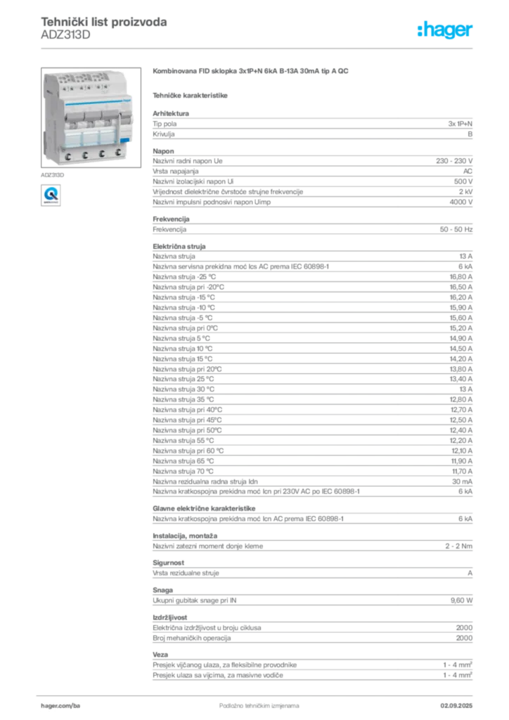 Slika Hager Tehnički list proizvoda ADZ313D  | Hager