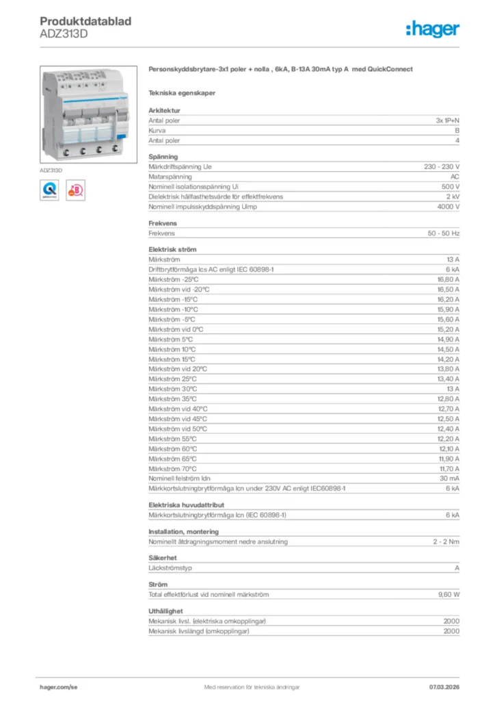 Bild Hager Produktdatablad ADZ313D | Hager Sverige