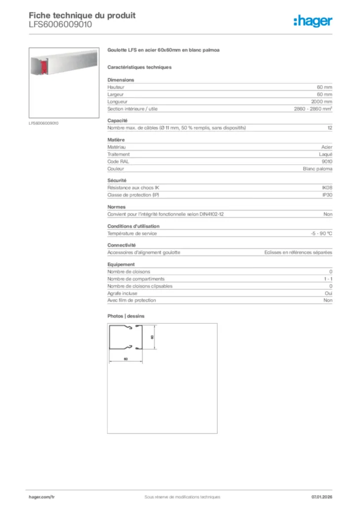 Image Hager Fiche technique du produit LFS6006009010 | Hager France