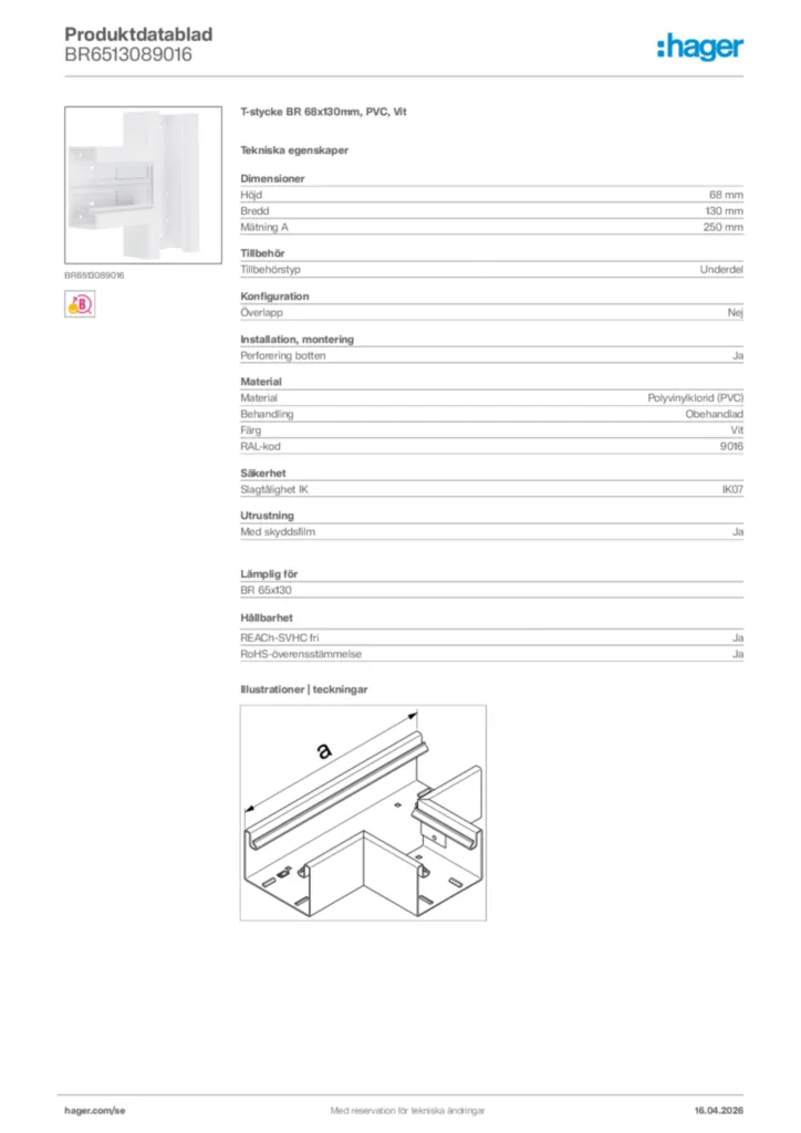 Bild Hager Produktdatablad BR6513089016 | Hager Sverige