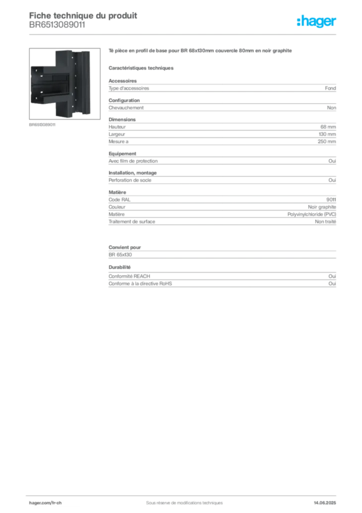 Image Hager Fiche technique du produit BR6513089011 | Hager Suisse