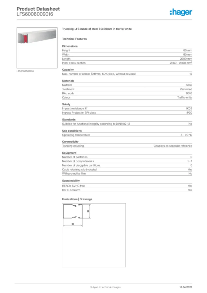 Image Hager Product data sheet LFS6006009016  | Hager Africa