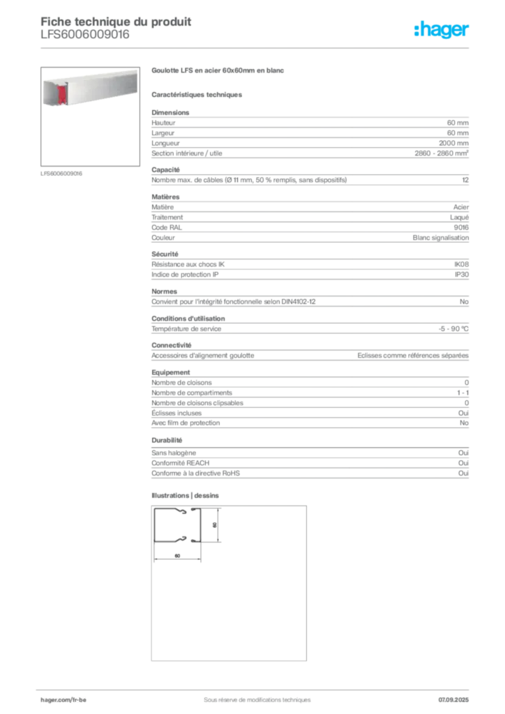 Image Hager Fiche technique du produit LFS6006009016 | Hager Belgique
