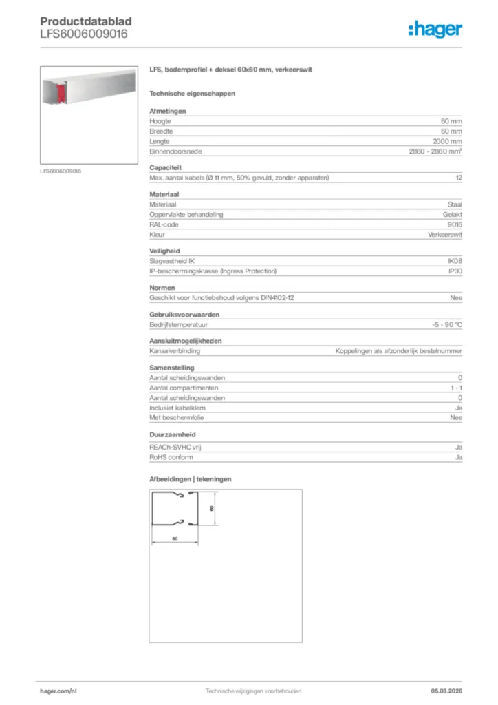Afbeelding Hager Productdatablad LFS6006009016 | Hager Nederland