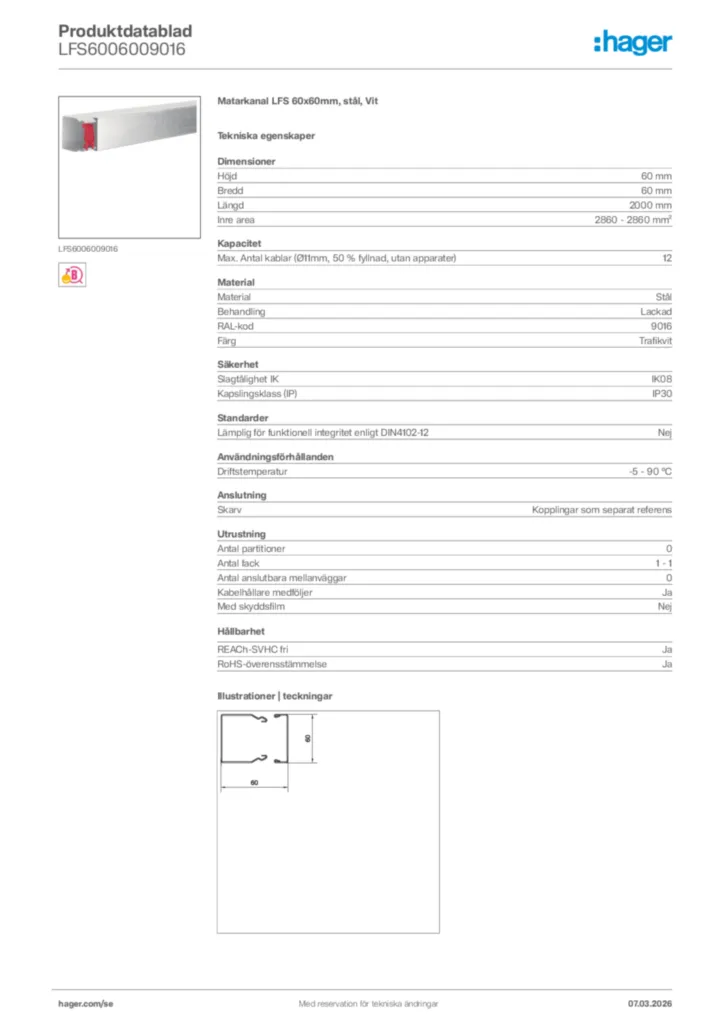 Bild Hager Produktdatablad LFS6006009016 | Hager Sverige