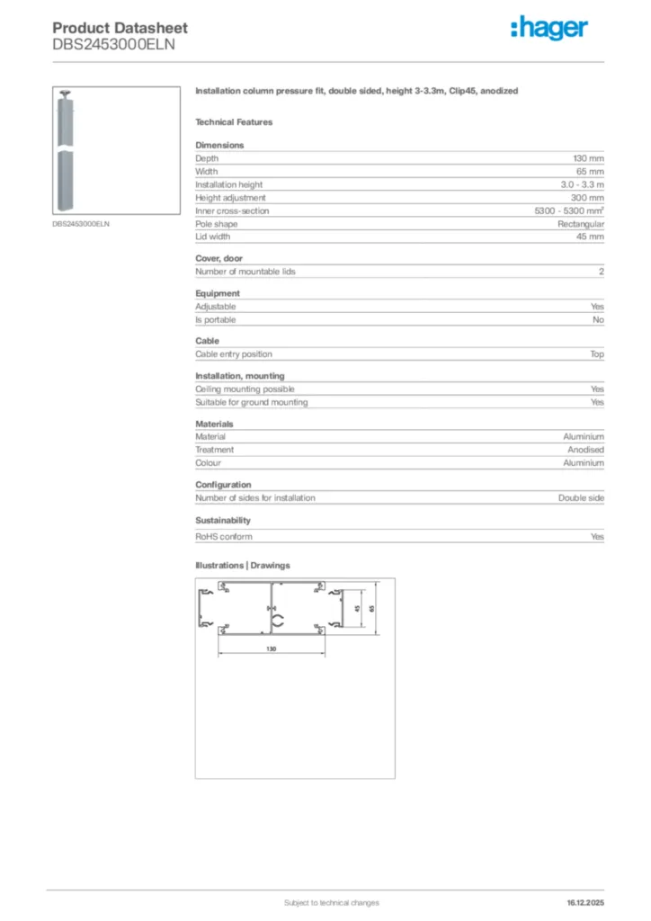Image Hager Product data sheet DBS2453000ELN  | Hager Africa