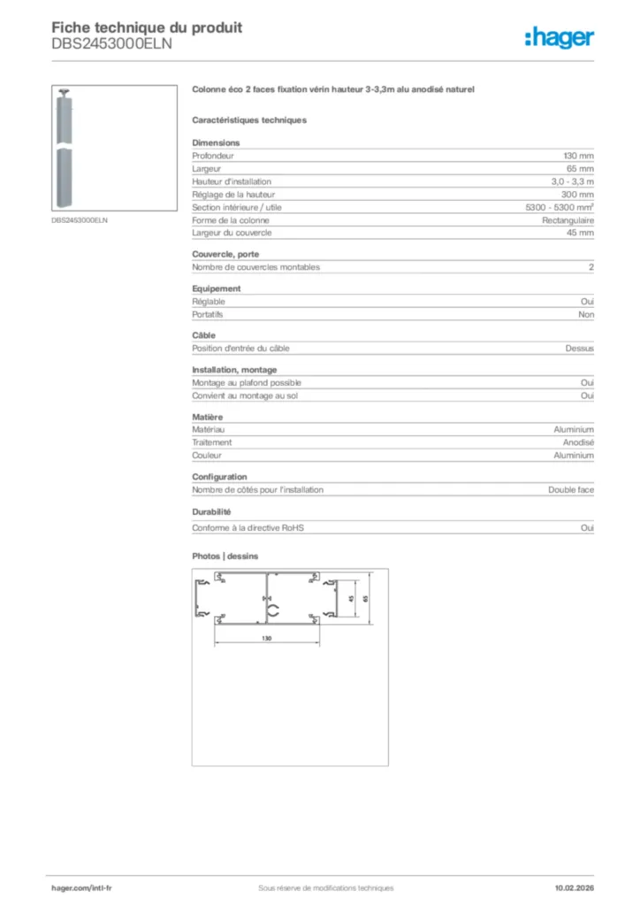 Image Hager Fiche technique du produit DBS2453000ELN | Hager Afrique