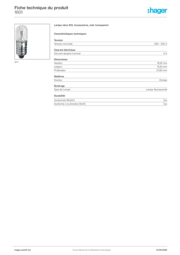 Image Hager Fiche technique du produit 1601 | Hager Belgique