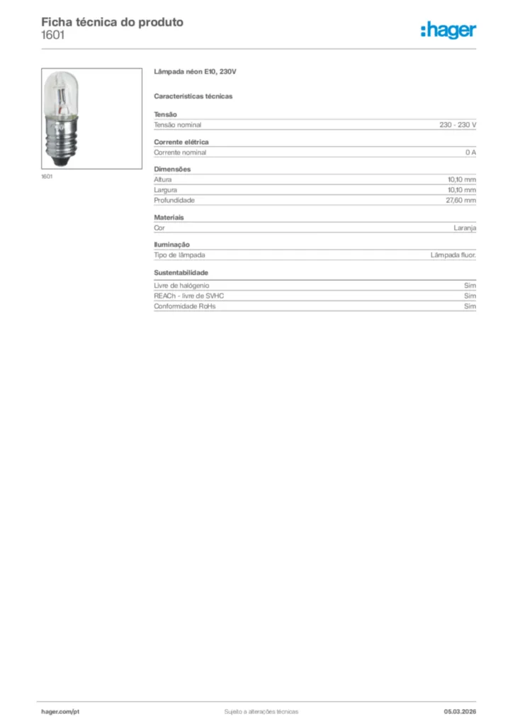 Imagem Hager Ficha técnica do produto 1601 | Hager Portugal