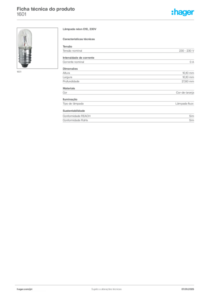 Imagem Hager Ficha técnica do produto 1601 | Hager Portugal