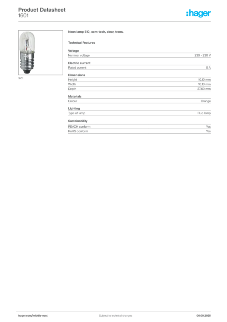 Image Hager Product data sheet 1601  | Hager