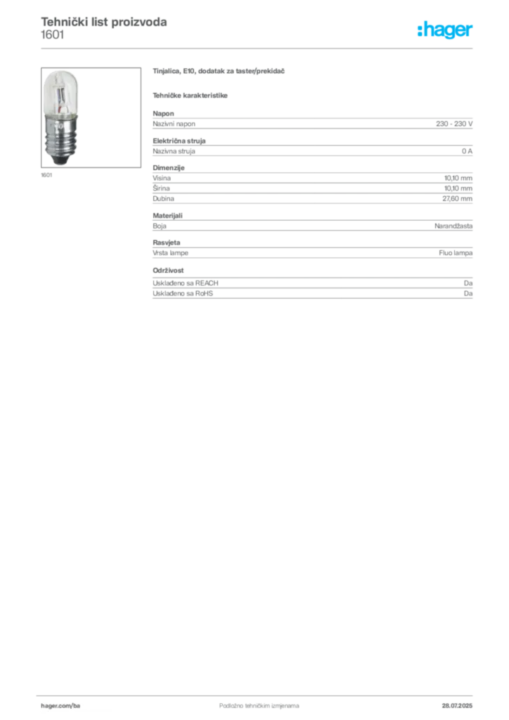 Slika Hager Product data sheet 1601  | Hager