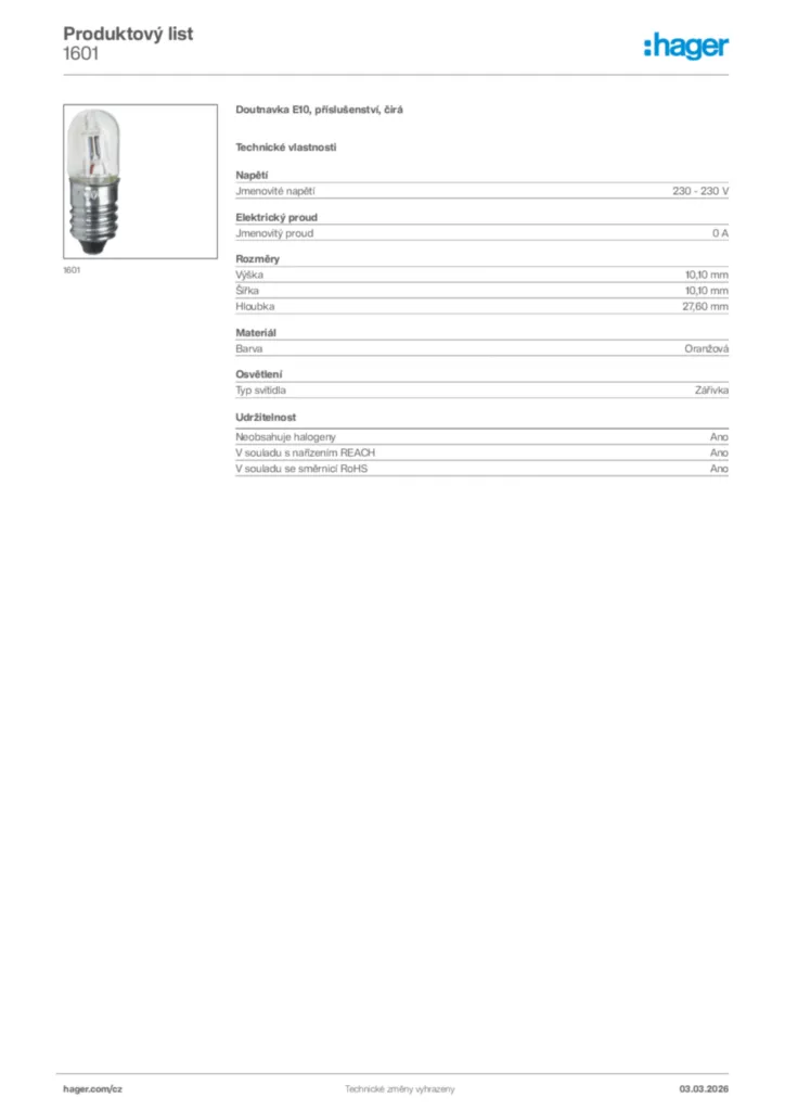 Obrázek Hager Product data sheet 1601 | Hager