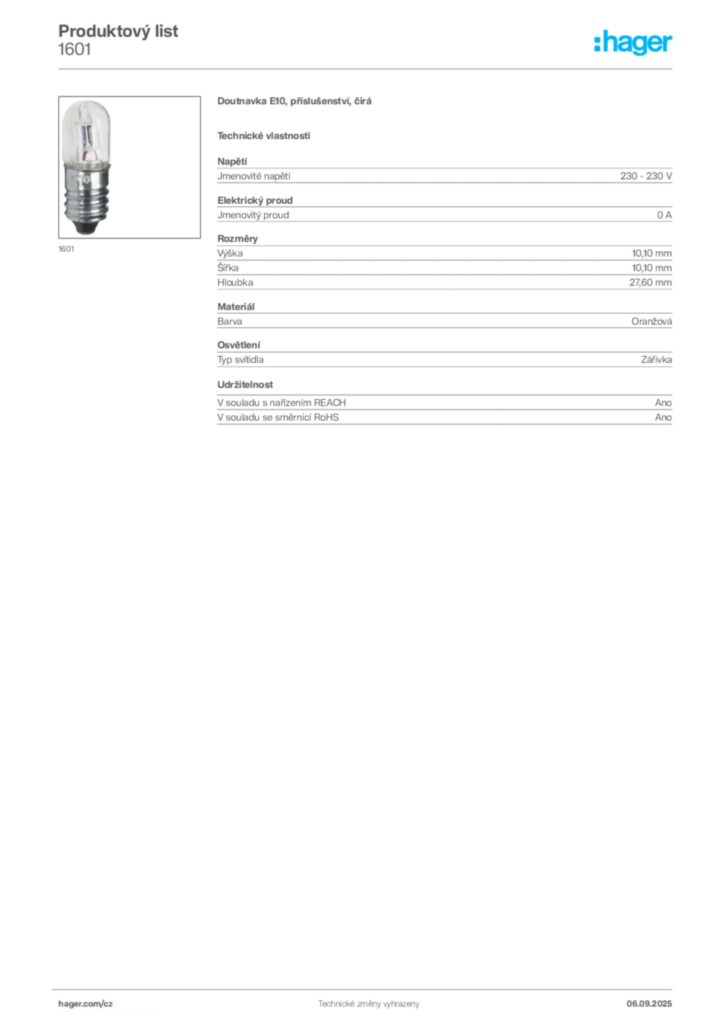 Obrázek Hager Produktový list 1601 | Hager