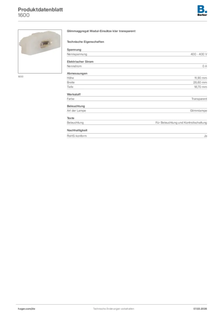 Bild Berker Produktdatenblatt 1600 | Hager Deutschland