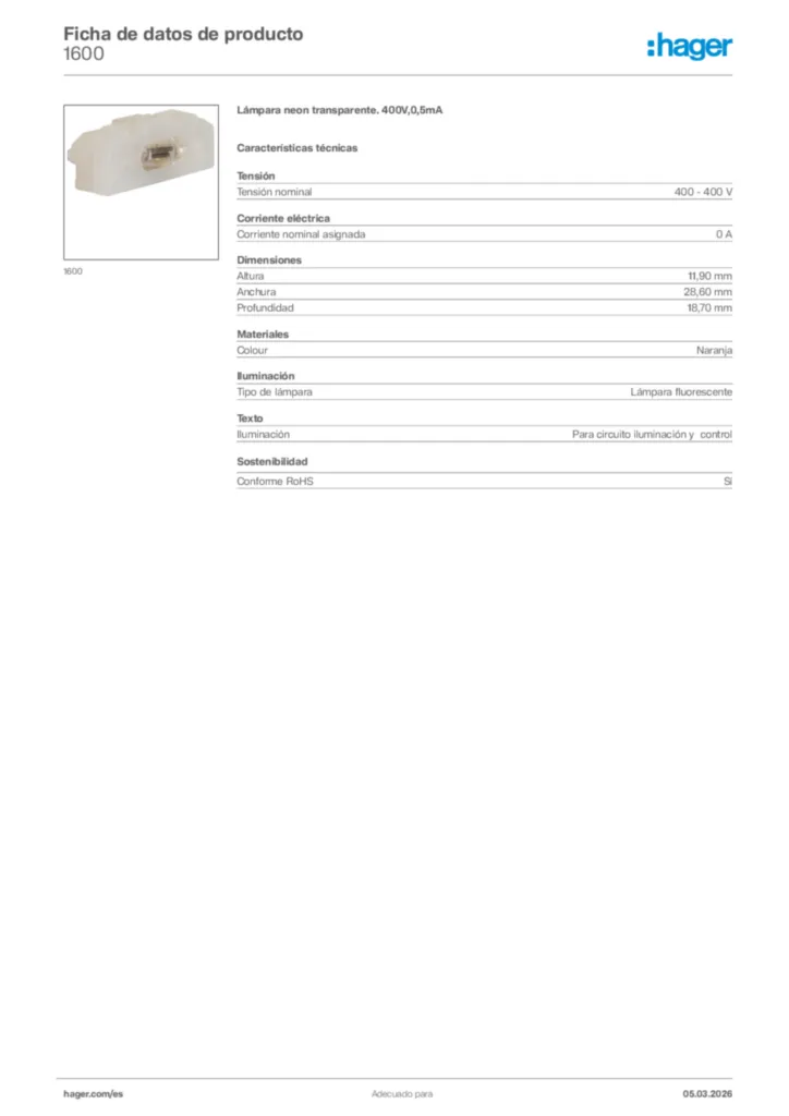 Imagen Hager Ficha de datos de producto 1600 | Hager España