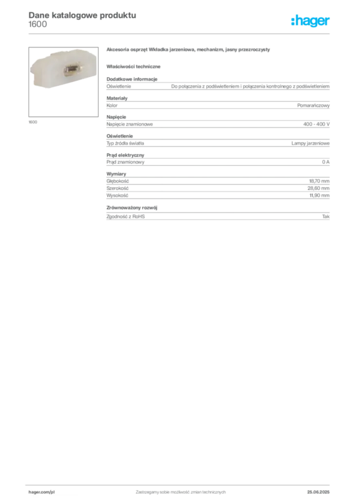 Zdjęcie Hager Karta katalogowa 1600 | Hager Polska