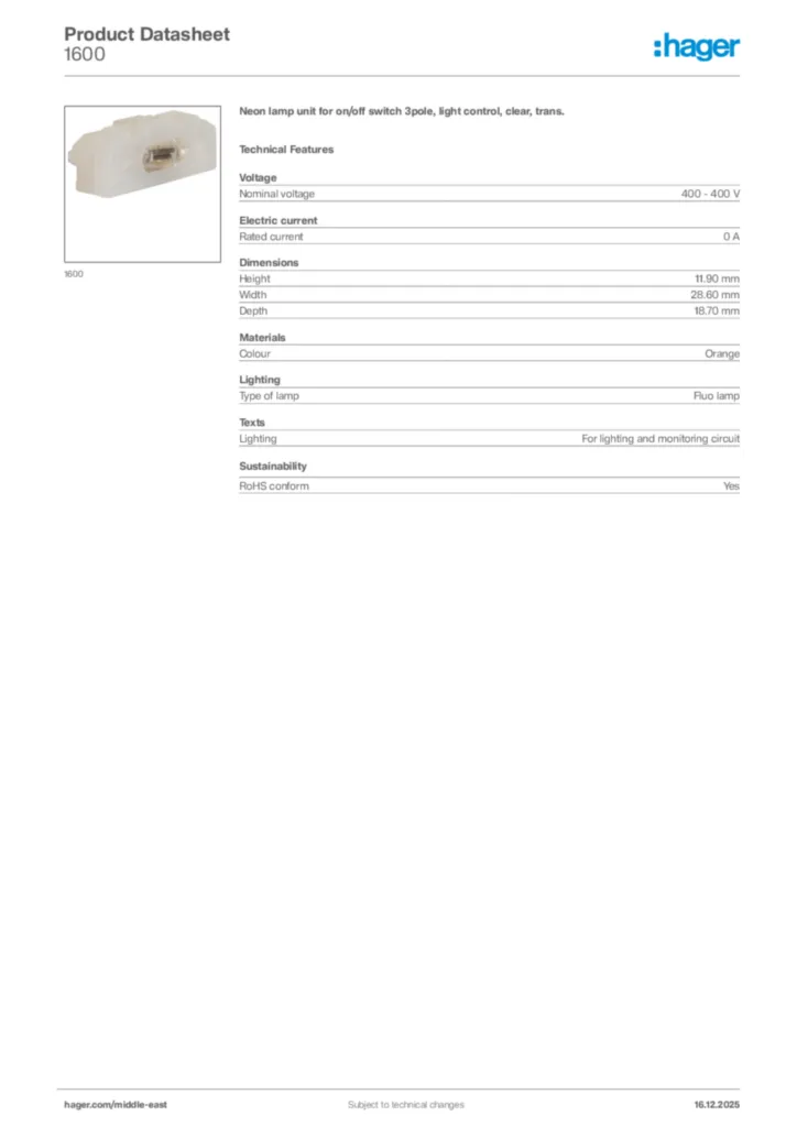 Image Hager Product data sheet 1600  | Hager