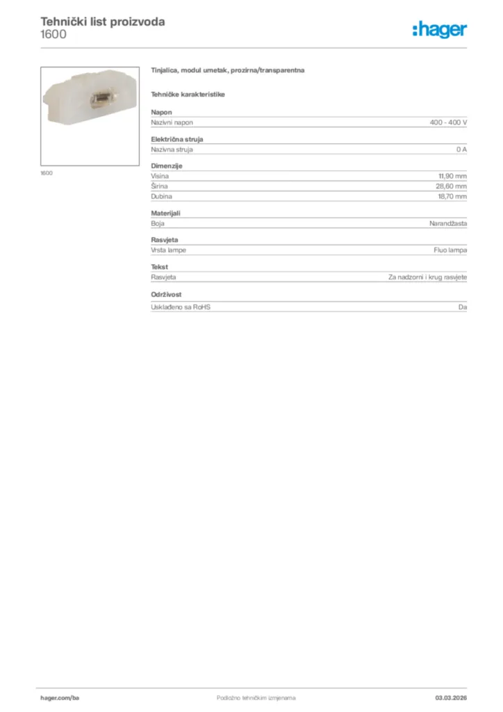 Slika Hager Tehnički list proizvoda 1600  | Hager