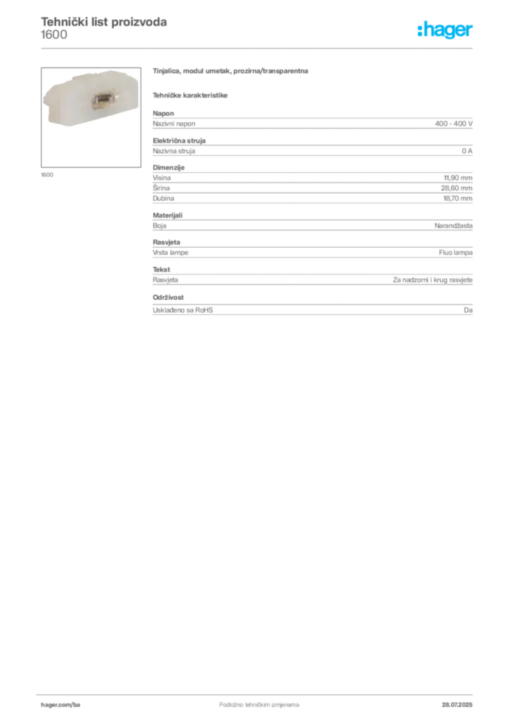 Slika Hager Product data sheet 1600  | Hager