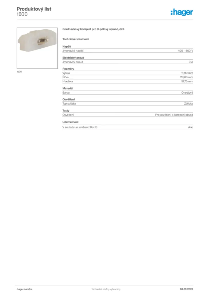 Obrázek Hager Product data sheet 1600 | Hager