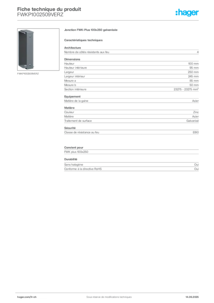 Image Hager Fiche technique du produit FWKP1002509VERZ | Hager Suisse