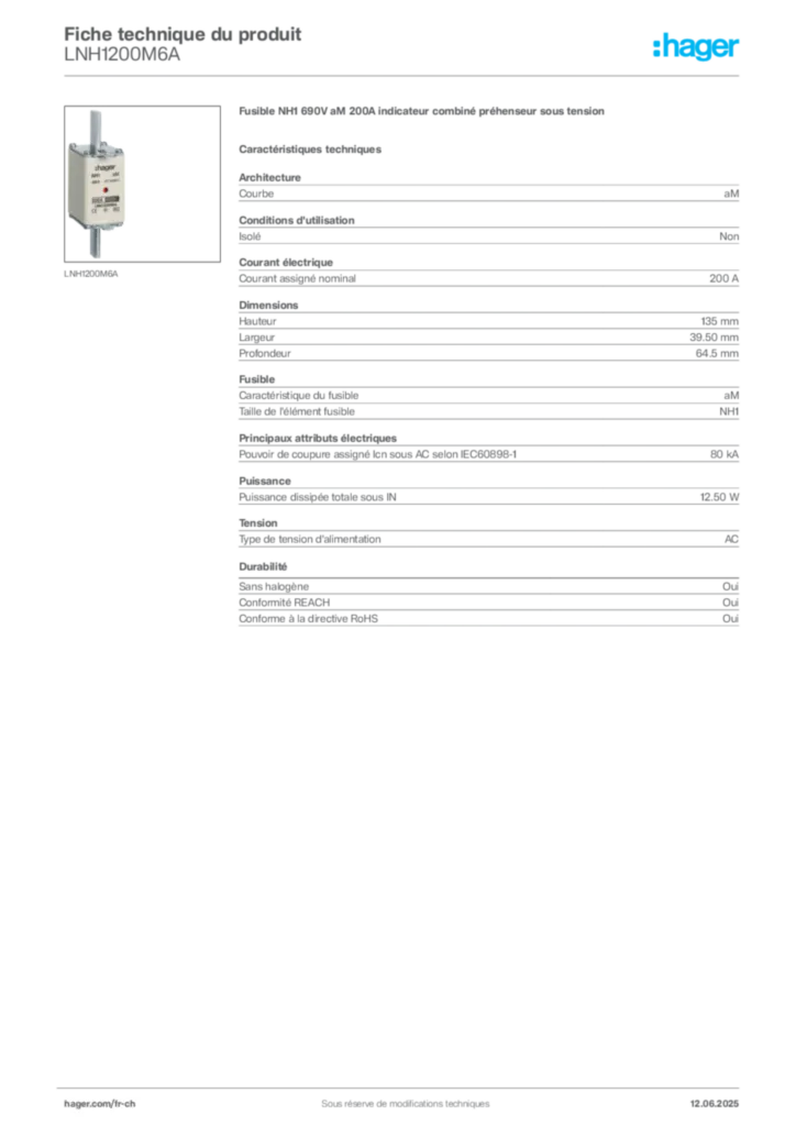 Image Hager Fiche technique du produit LNH1200M6A | Hager Suisse