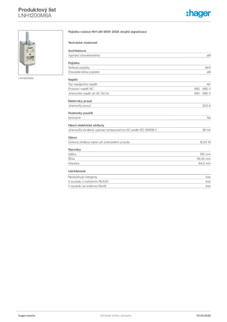 Obrázek Hager Product data sheet LNH1200M6A | Hager