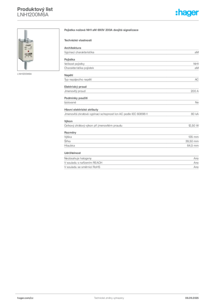 Obrázek Hager Produktový list LNH1200M6A | Hager