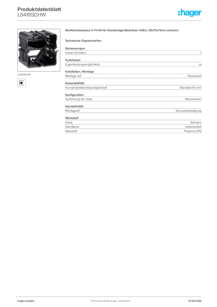 Bild Hager Produktdatenblatt L5419SCHW | Hager Deutschland