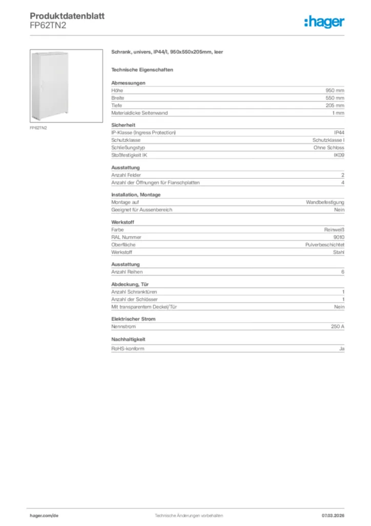 Bild Hager Produktdatenblatt FP62TN2 | Hager Deutschland