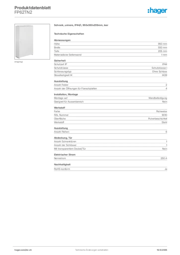 Bild Hager Produktdatenblatt FP62TN2 | Hager Schweiz