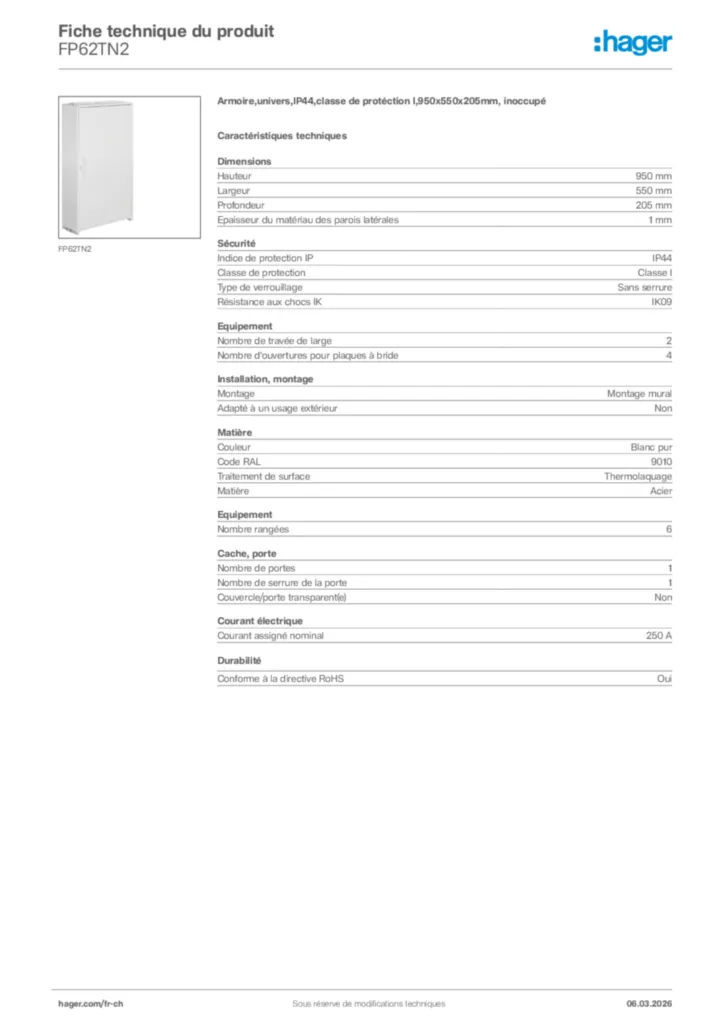 Image Hager Fiche technique du produit FP62TN2 | Hager Suisse