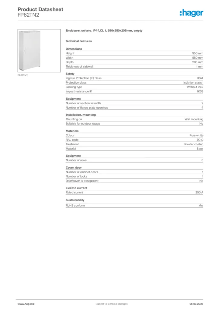 Image Hager Product data sheet FP62TN2  | Hager