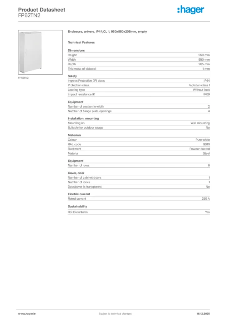 Image Hager Product data sheet FP62TN2  | Hager