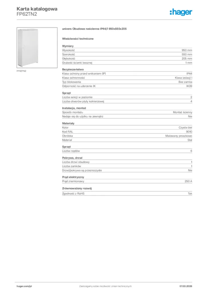 Zdjęcie Hager Karta katalogowa FP62TN2 | Hager Polska