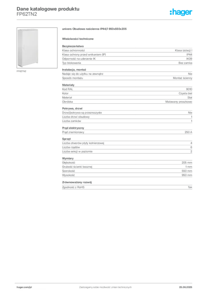 Zdjęcie Hager Karta katalogowa FP62TN2 | Hager Polska