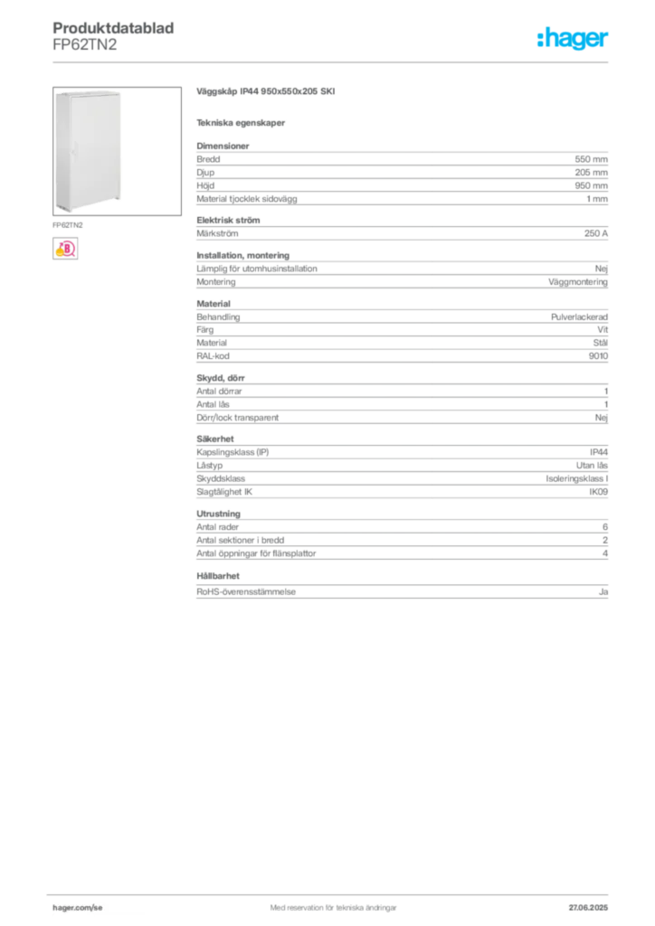 Bild Hager Produktdatablad FP62TN2 | Hager Sverige
